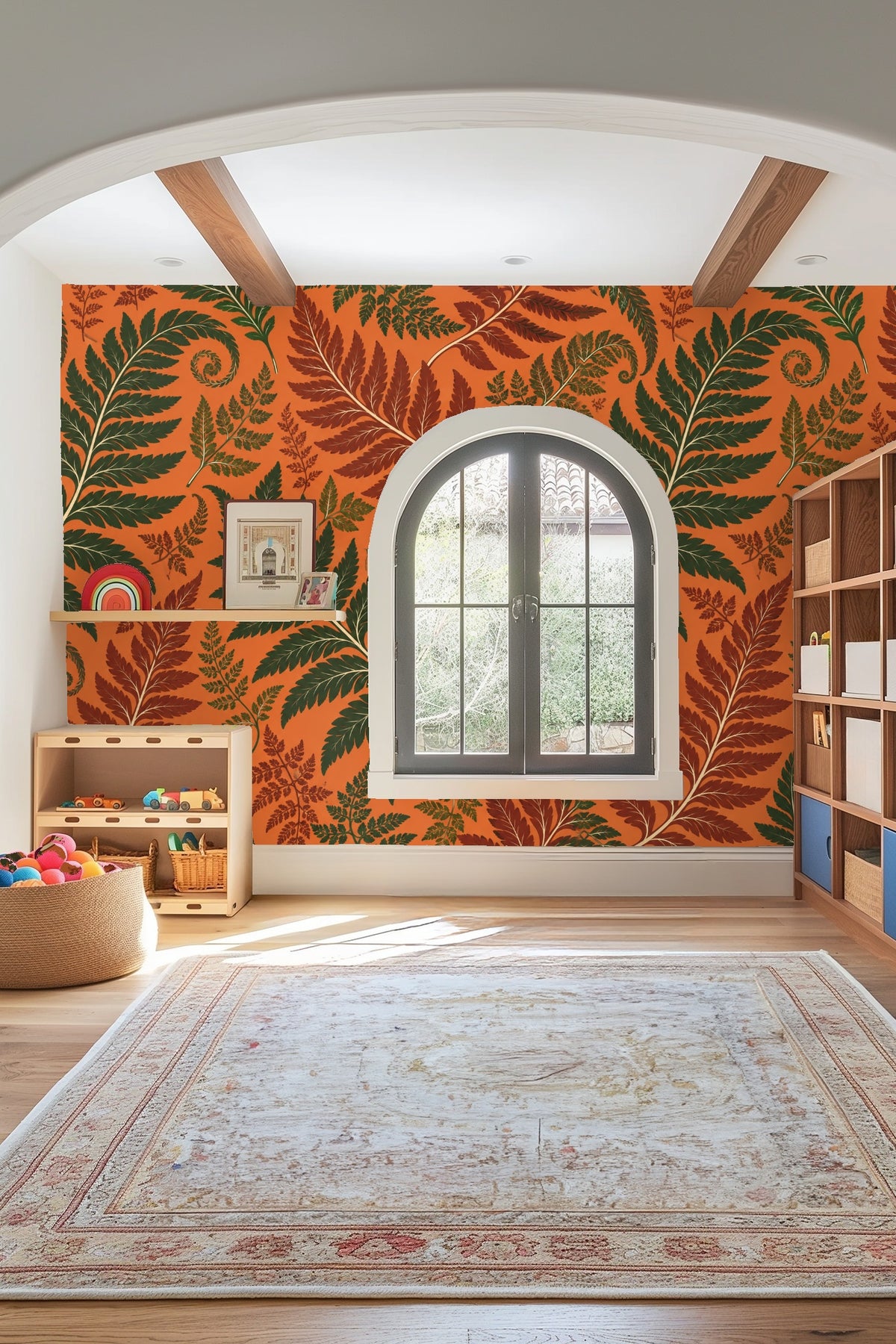 Fern leaf veins and spiraled fronds in Persimmon Fern wallpaper