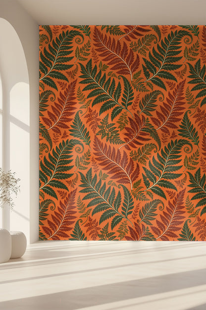 Textural details visible in wallpaper print of Persimmon Fern