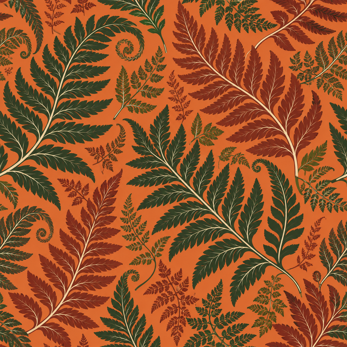 Rust and green fern leaves scattered across orange field in Persimmon Fern wallpaper