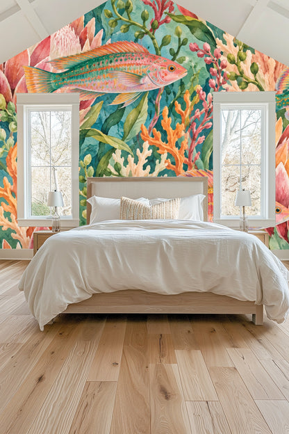 Naturalistic fish figure positioned amid lush leaves and coral in wallpaper mural
