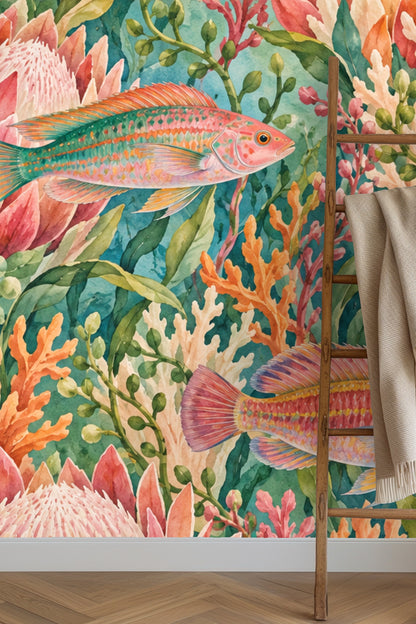 Wall art showing repeating motif of protea blossoms and fish in harmonious composition