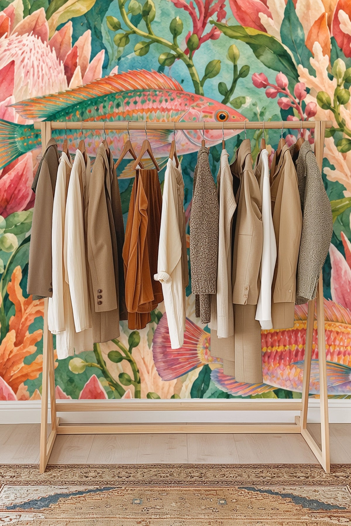 Close-up detail of protea petals and fish scales in the wallpaper artwork