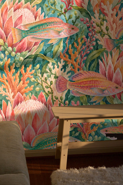 Vibrant fish and protea flowers wallpaper close-up highlighting artistry and watercolor gradients