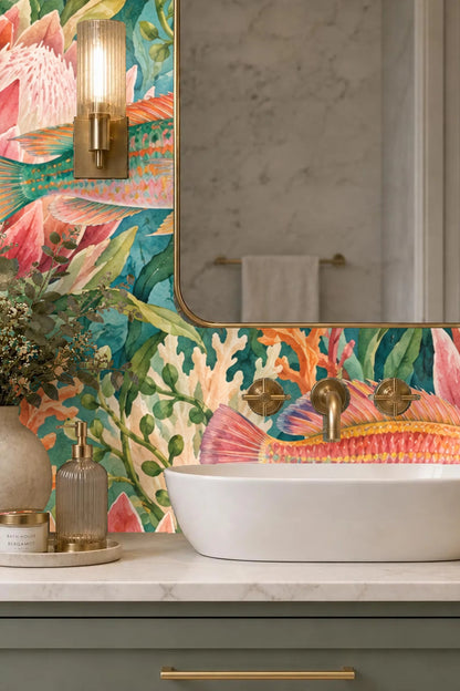 Coral and green foliage detailed in the wallpaper, showcasing watercolor texture