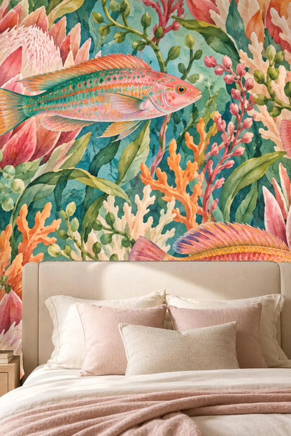 Archway interior with wallpaper featuring protea flowers, coral, and fish surrounding a round mirror