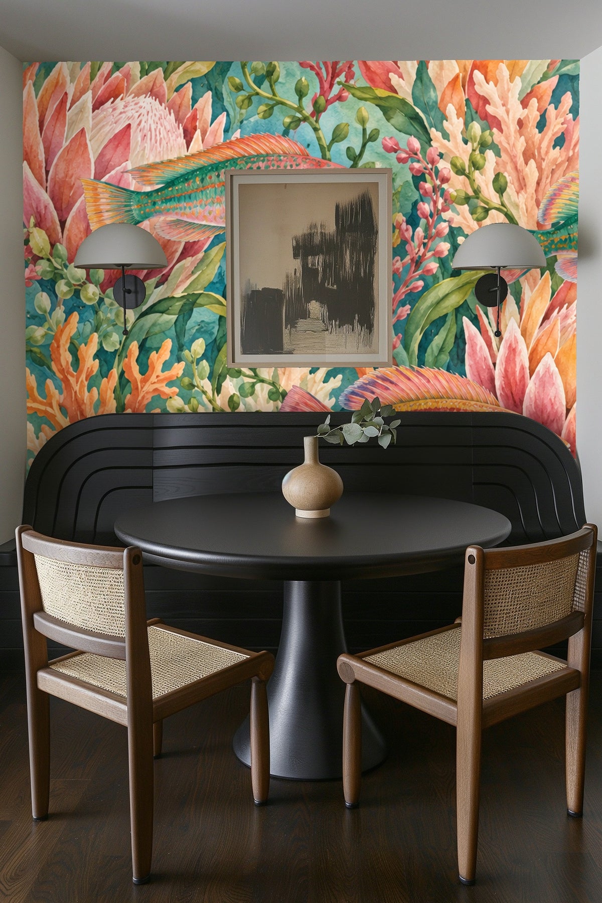 Soft coral, peach, and blue swimming fish wallpaper pattern in a modern living space