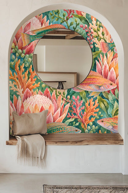 Watercolor wallpaper pattern with pink protea flowers, colorful fish, and coral reef elements on blue background