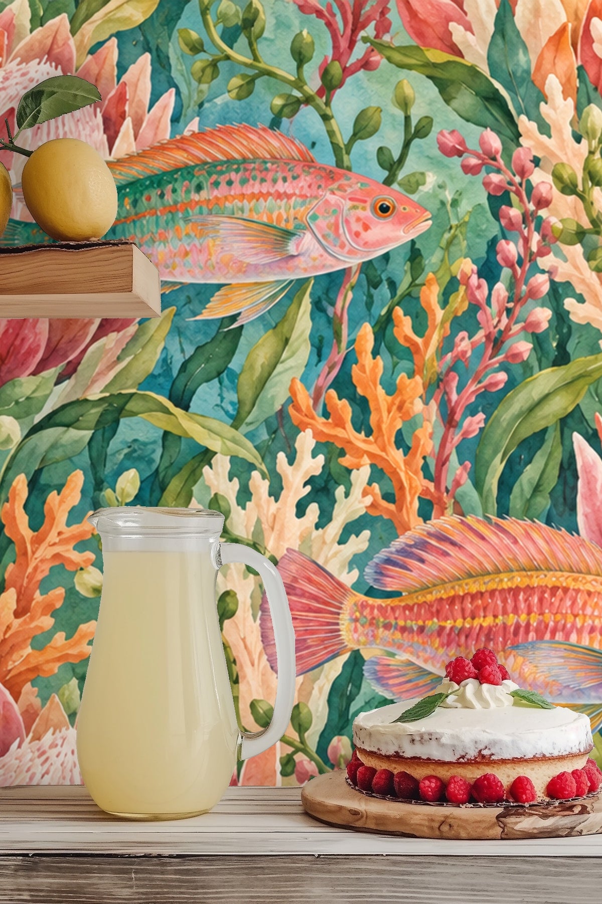 Asian-inspired bedroom with colorful fish and protea wallpaper accent wall