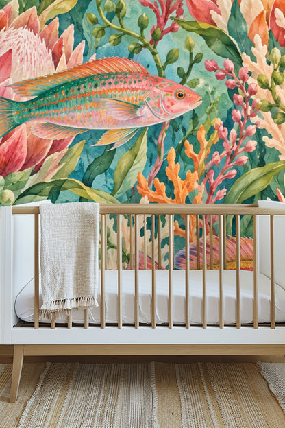 Section of wallpaper showing coral branches and greenery behind swimming fish