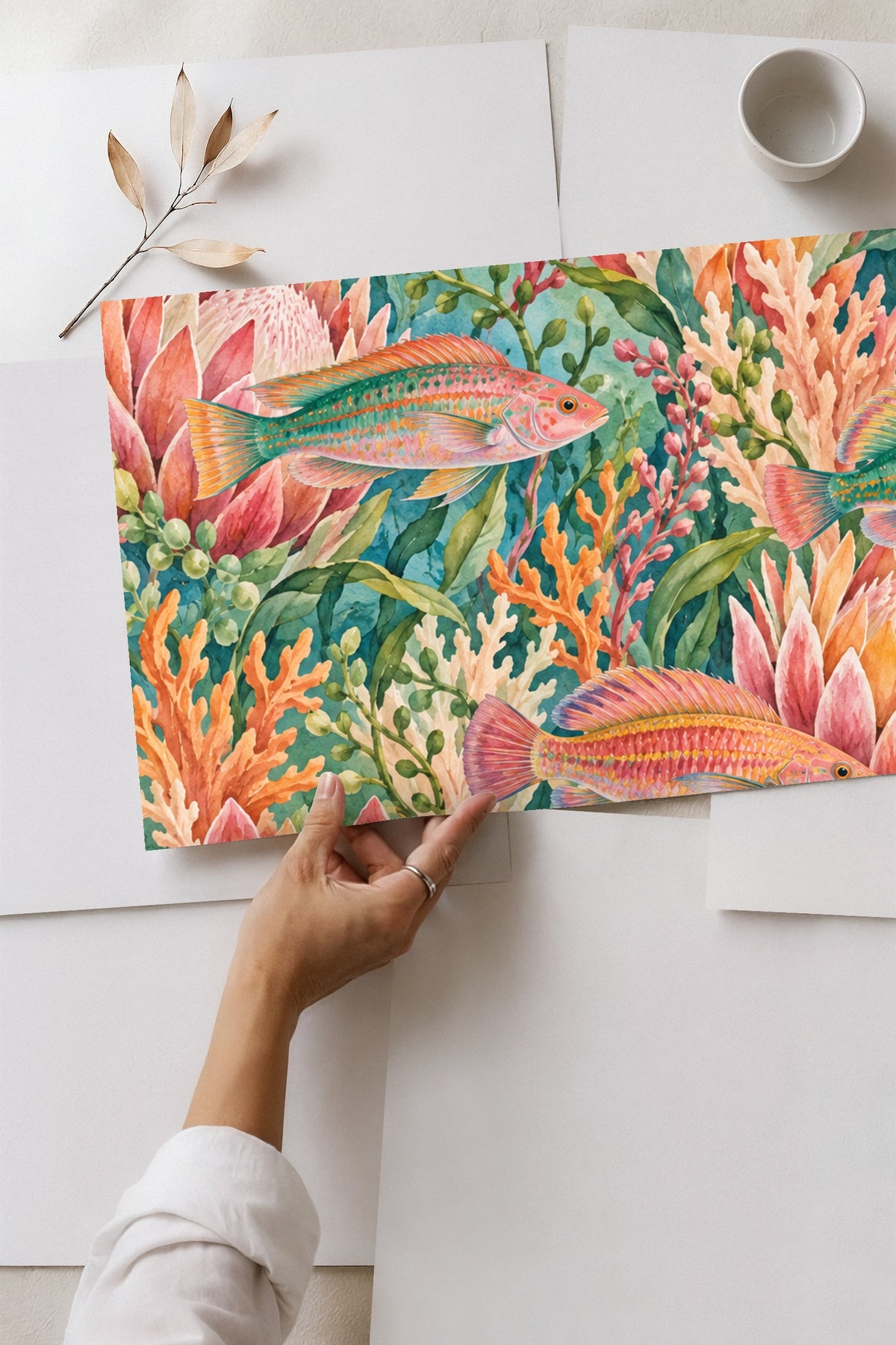 Fish swimming amidst stylized coral branches and protea flowers in artistic wallpaper