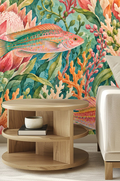 Bedroom wall with large wallpaper mural of protea flowers and vibrant fish above a beige bed with neutral pillows