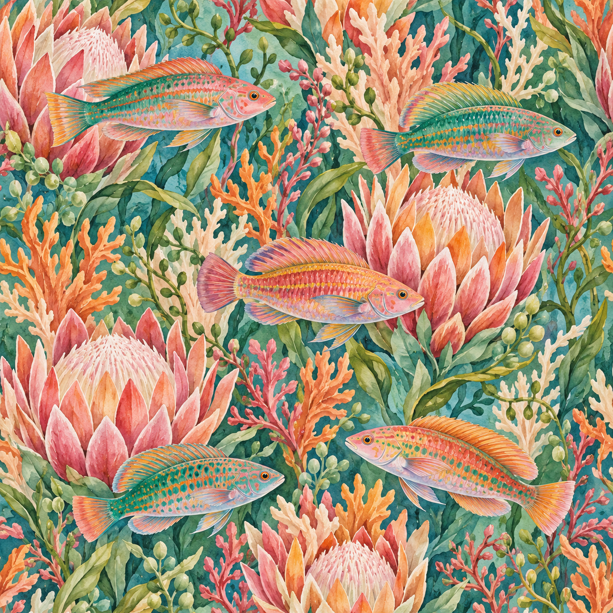 Detailed botanical and aquatic life wallpaper texture with layered watercolor design
