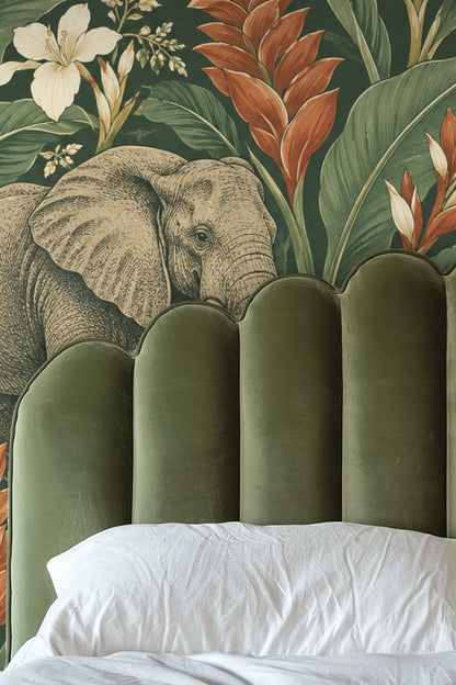 Living room accent wall with illustration-style elephants and tropical plants wallpaper
