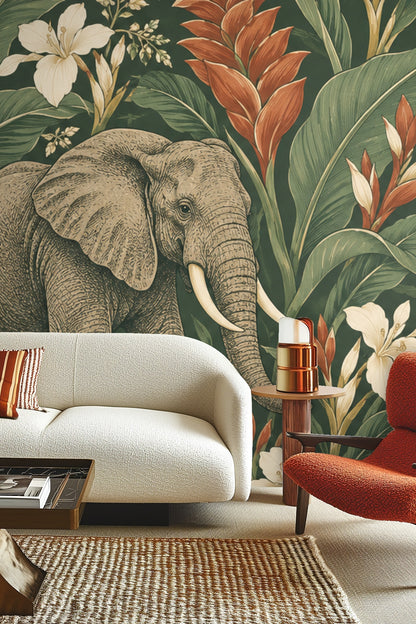Bedroom scene featuring Ginger Elephant March wallpaper as a dramatic backdrop behind a bed with soft neutral linens and natural wood nightb