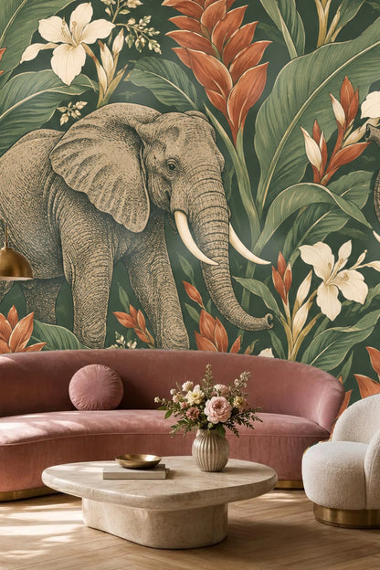 Creeping green foliage detail contrasting against ginger blooms and detailed elephants