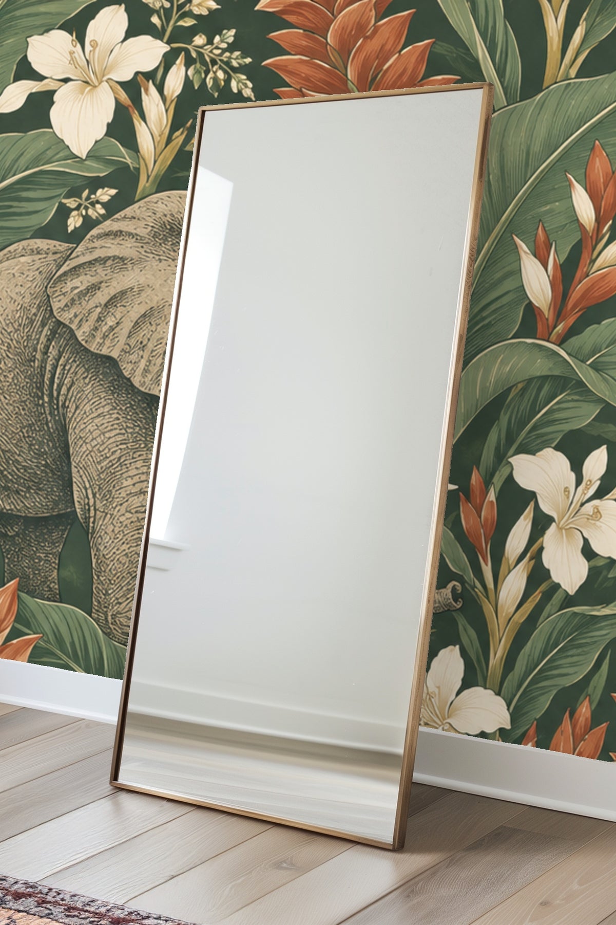 Full pattern showing a baby elephant walking near large tropical leaves and orange flowers