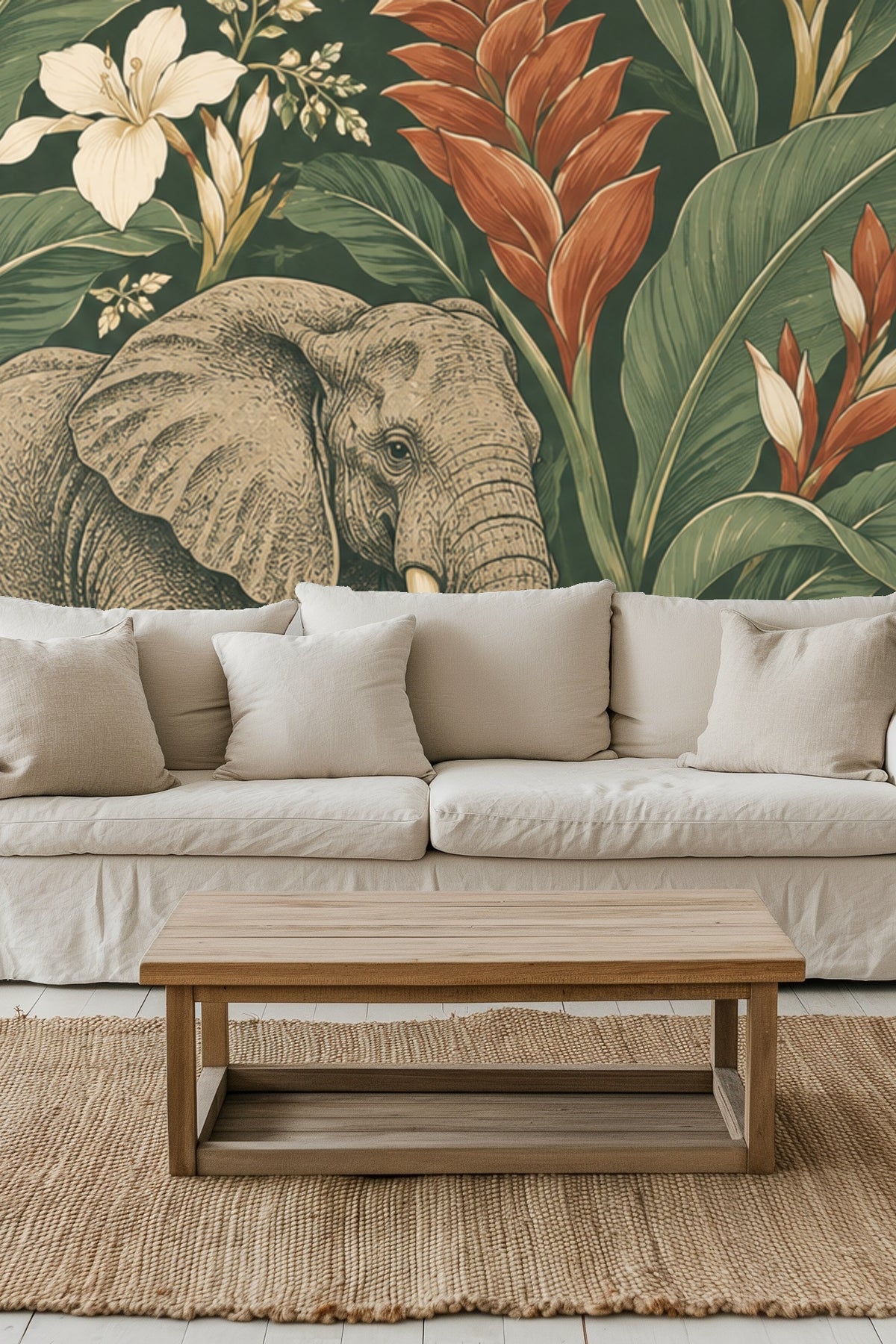 Wallpaper pattern with three detailed elephants amid rust-orange tropical flowers and large green leaves