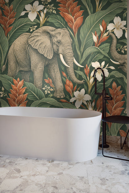 Elephant walking amidst large tropical leaves with layered botanical flowers in vintage illustration style