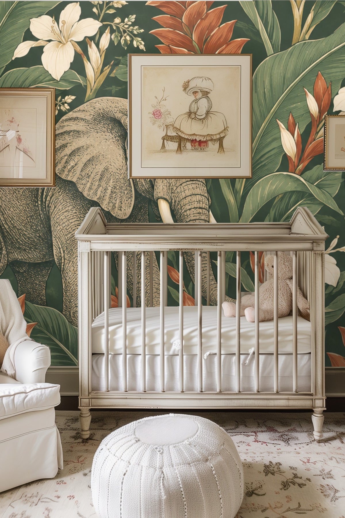 Close-up detail of elephant head and surrounding rust flowers and green leaves from the Ginger Elephant March wallpaper