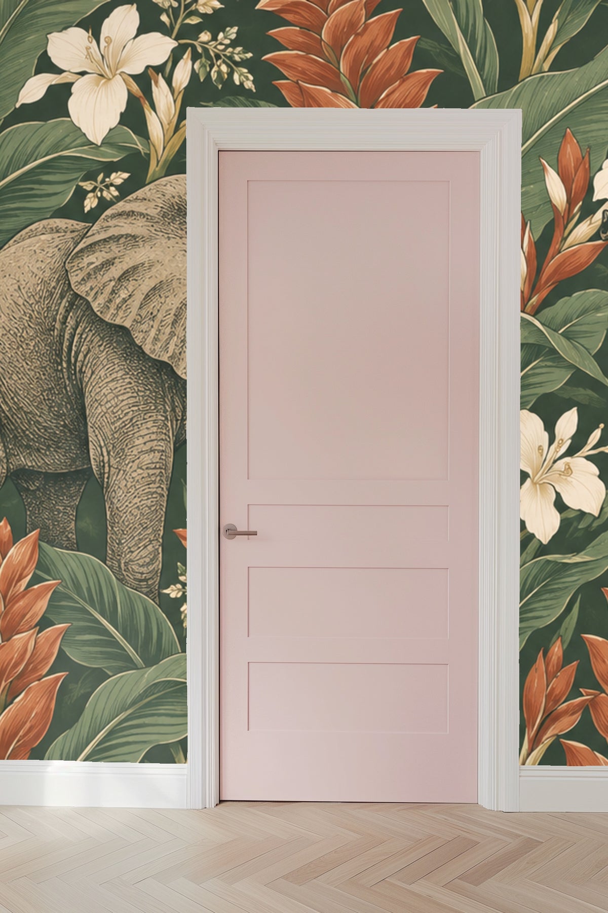 Large-scale botanical leaves with creamy white flowers framing elephants on wallpaper