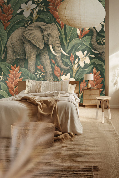 Living room with large-scale Ginger Elephant March wallpaper behind a neutral beige sofa and wooden coffee table