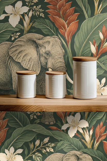 Rust-colored tropical flowers clustered among broad green leaves across the wallpaper