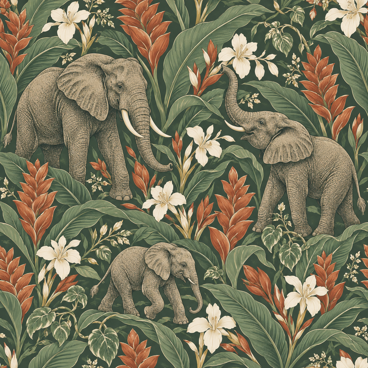 Rustic tropical wallpaper motif with textured sketch-style elephants and botanical elements