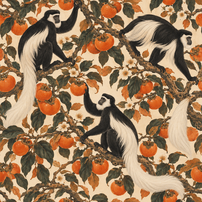 Cluster of ripe persimmons with textured leaves on wallpaper