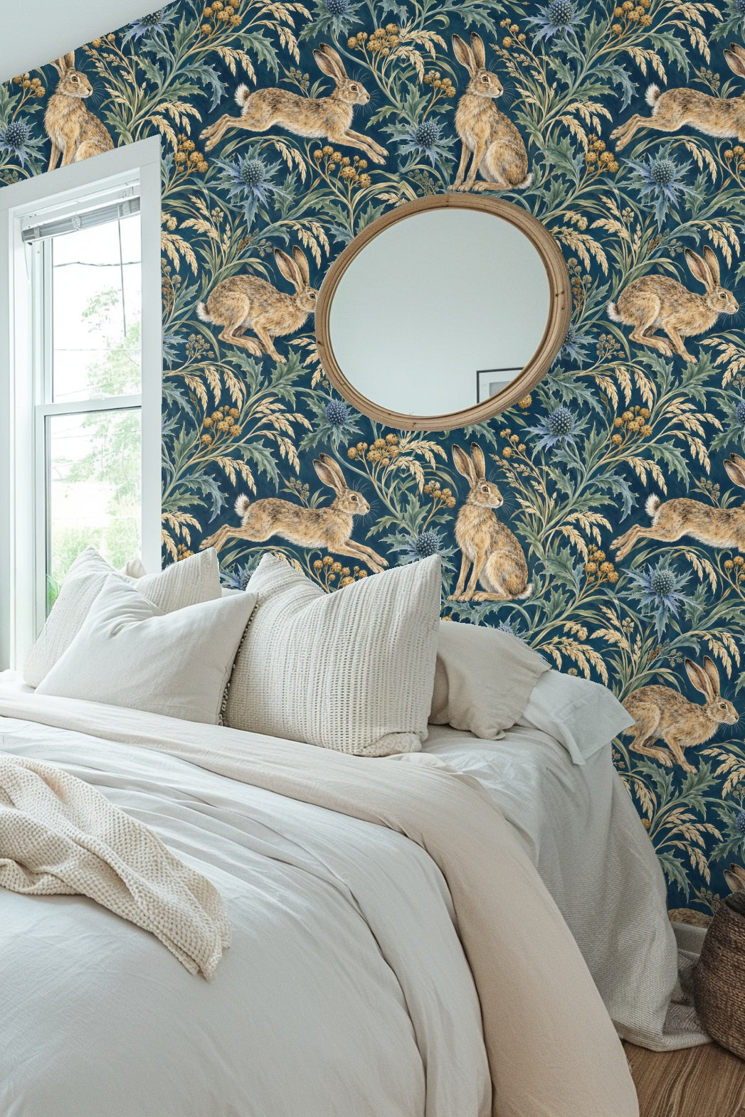 Pattern repeat detail showing intertwined sea holly and hare motifs