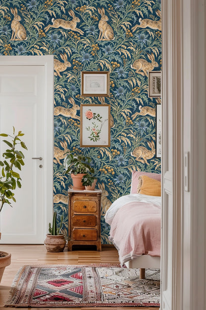 Wallpaper detail showing a hare sitting amid spiky sea holly and golden wild grasses