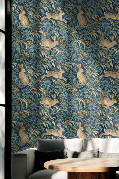 Wallpaper sample showing delicate thistle blooms and hare fur texture
