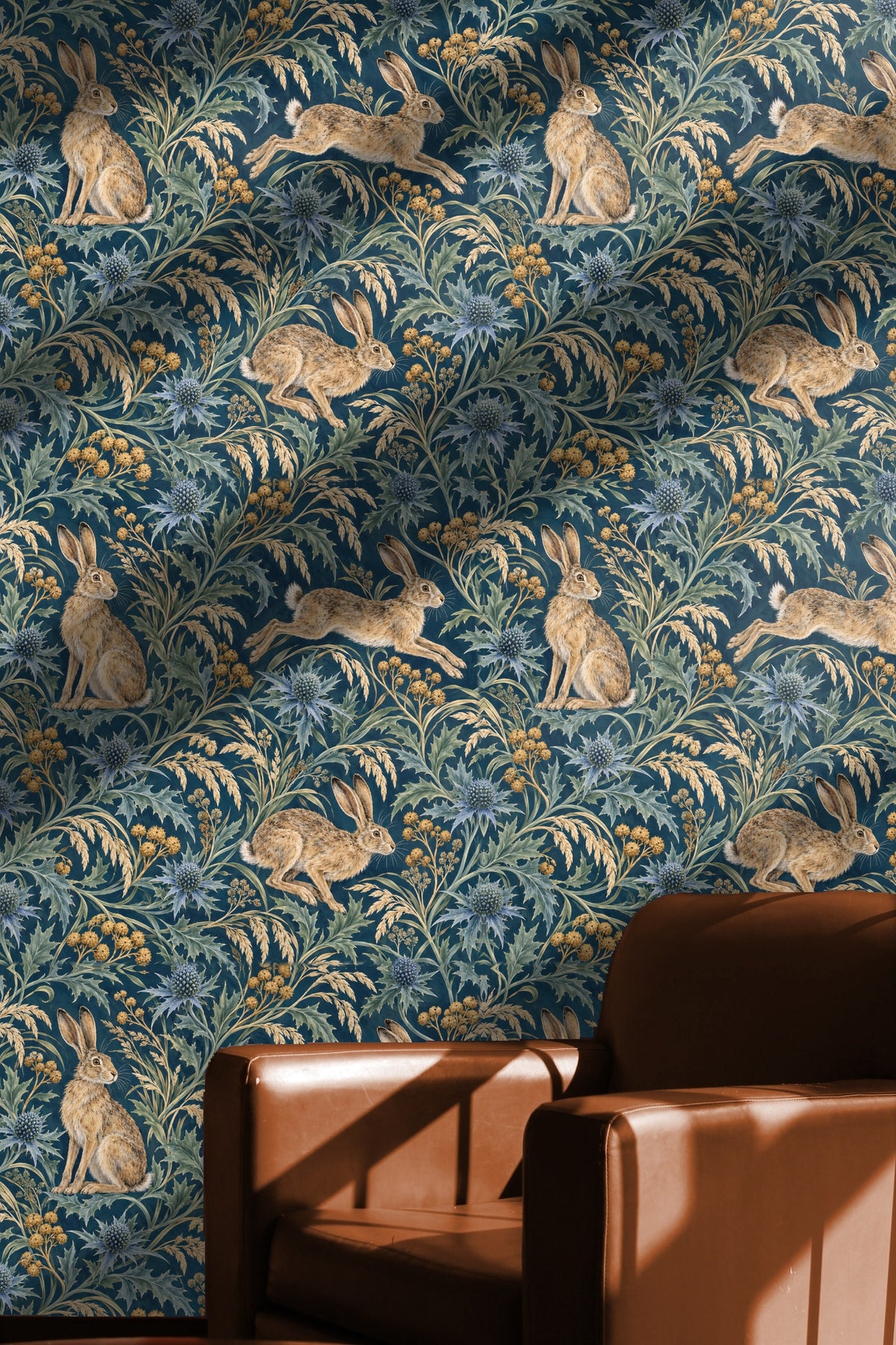Close-up of wild grass sprigs blending with sea holly leaves on wallpaper