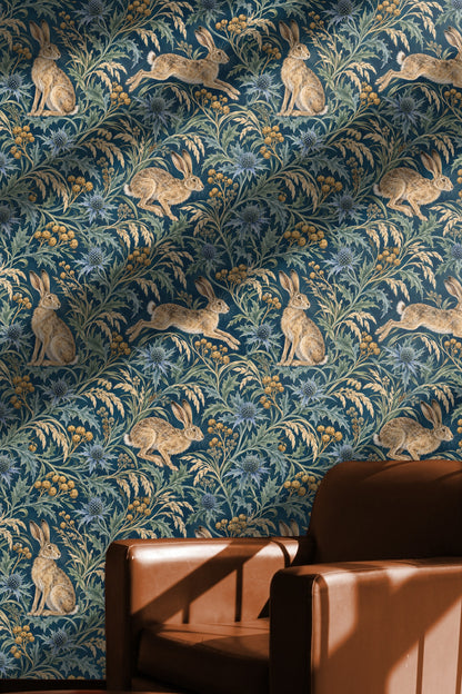 Close-up of wild grass sprigs blending with sea holly leaves on wallpaper