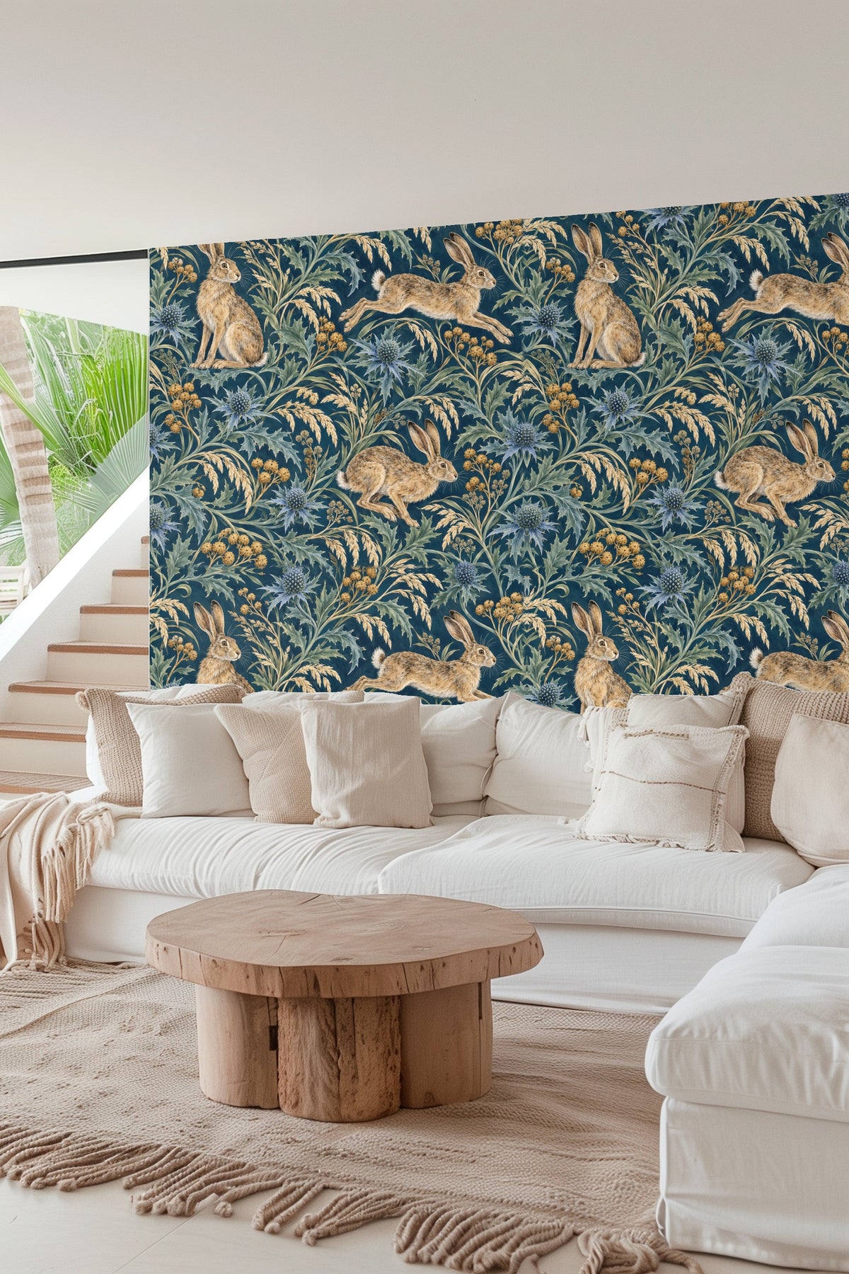 Stylish corner with wallpaper as a feature behind mid-century modern furniture
