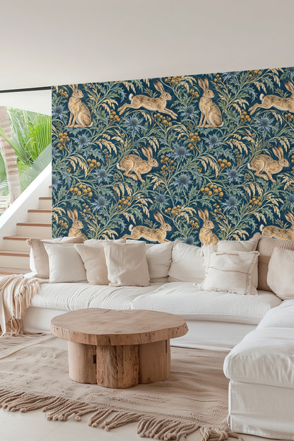 Stylish corner with wallpaper as a feature behind mid-century modern furniture