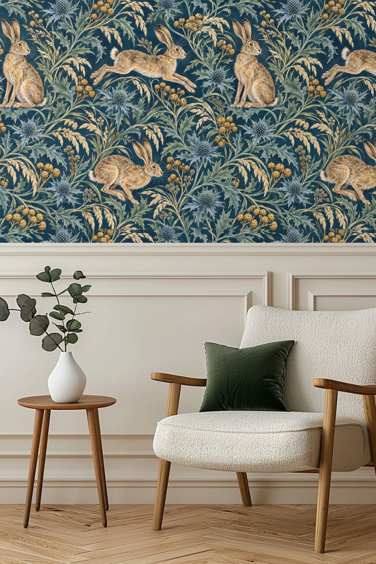 Close-up of detailed wallpaper artwork with hares, sea holly, and wild grasses on a deep blue background