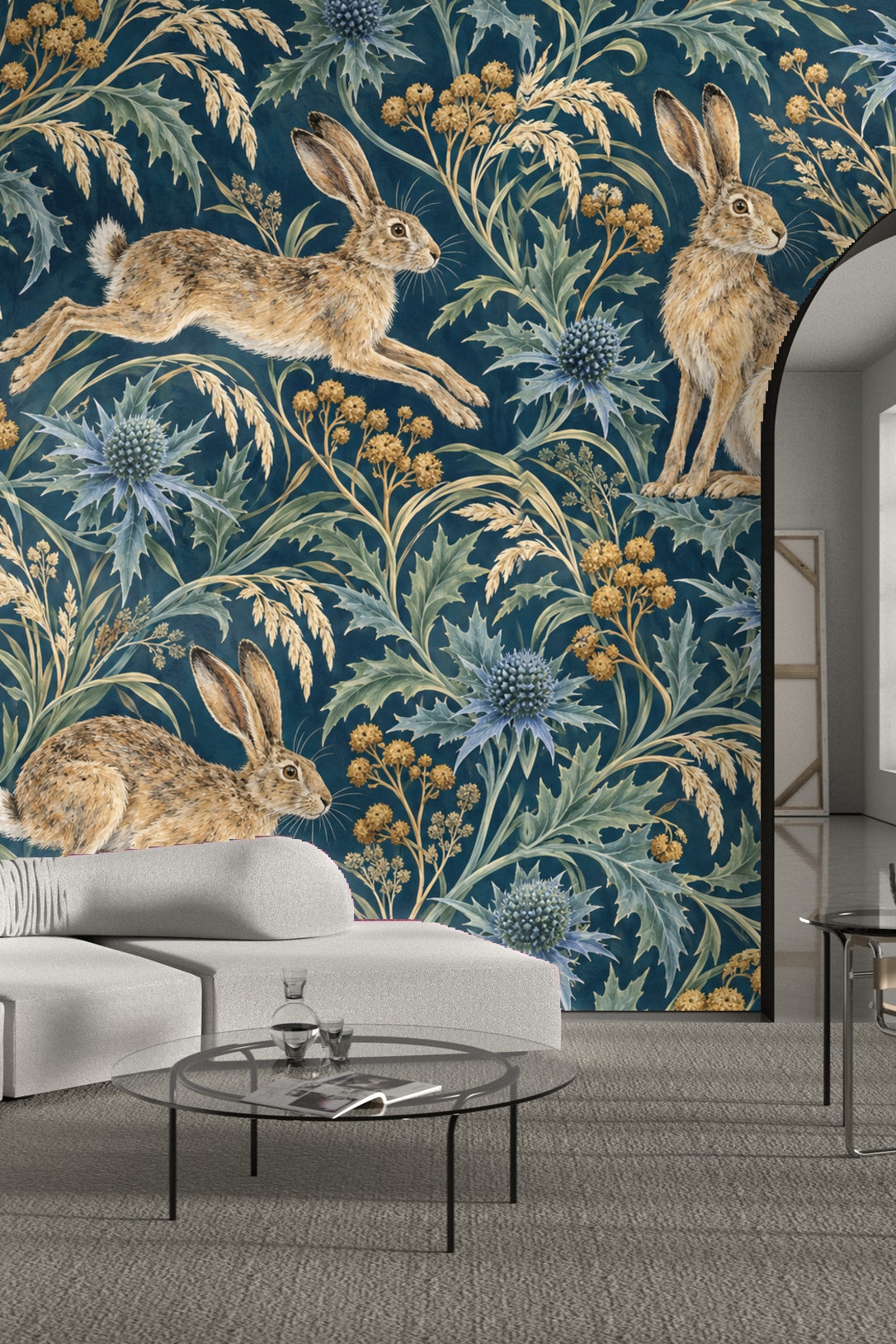 Wallpaper detail showing a hare in mid-leap among botanical elements