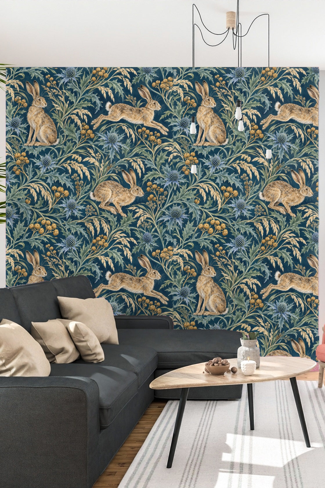Partial wall view with wallpaper highlighting contrast between blue background and botanical elements