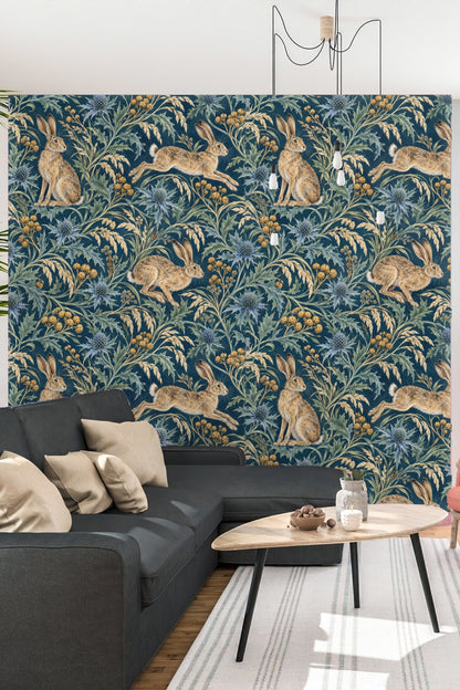 Partial wall view with wallpaper highlighting contrast between blue background and botanical elements