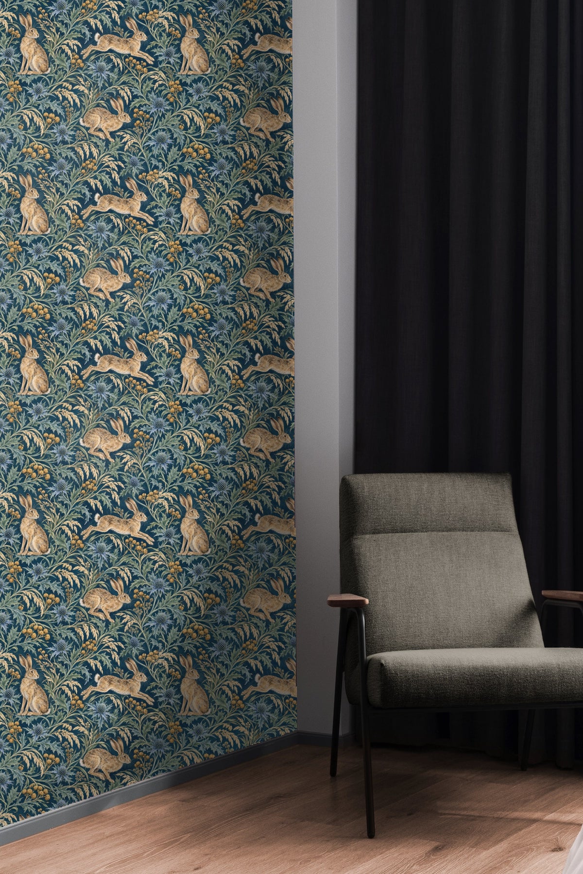 Textured vertical wallpaper strips showing naturalistic hares and plants