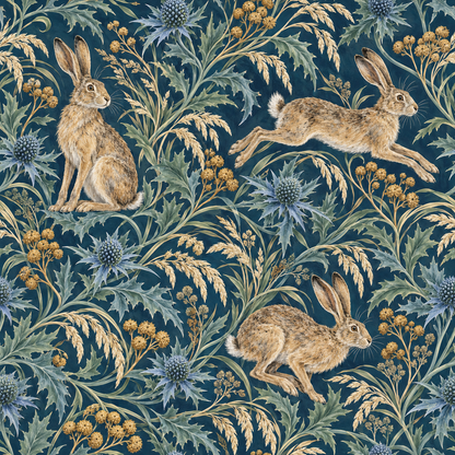 Full pattern scene showing multiple hares resting and running through thistle and grass