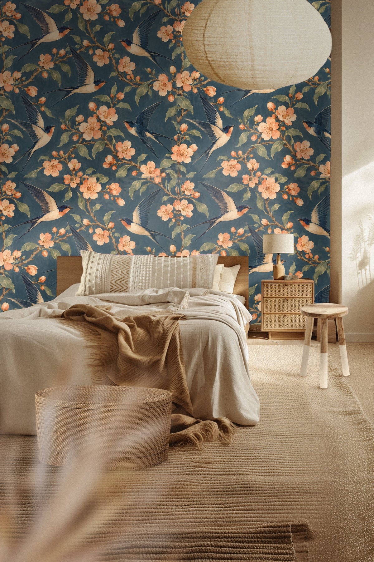 Close-up of apricot flower clusters and green leaves on blue wallpaper