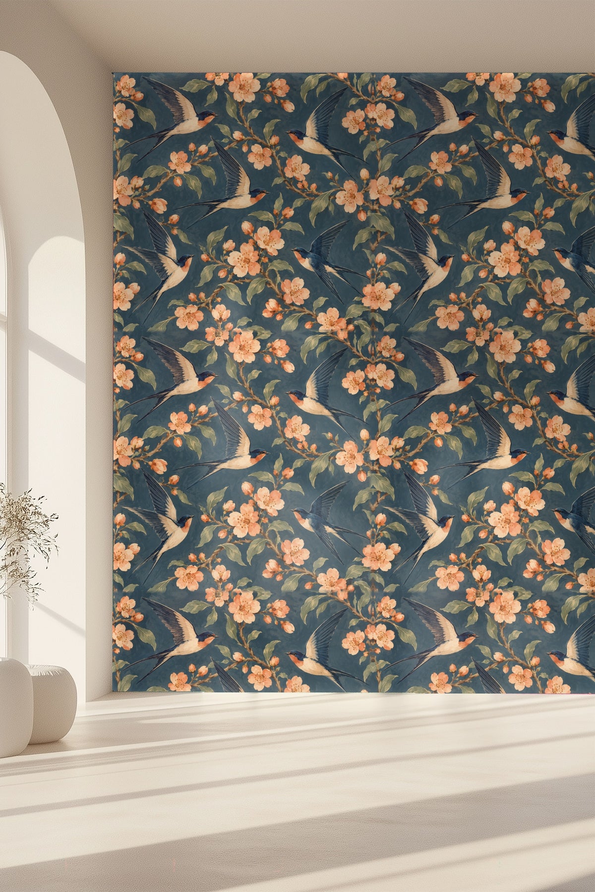 Washer and dryer beneath wooden shelf with floral wallpaper behind