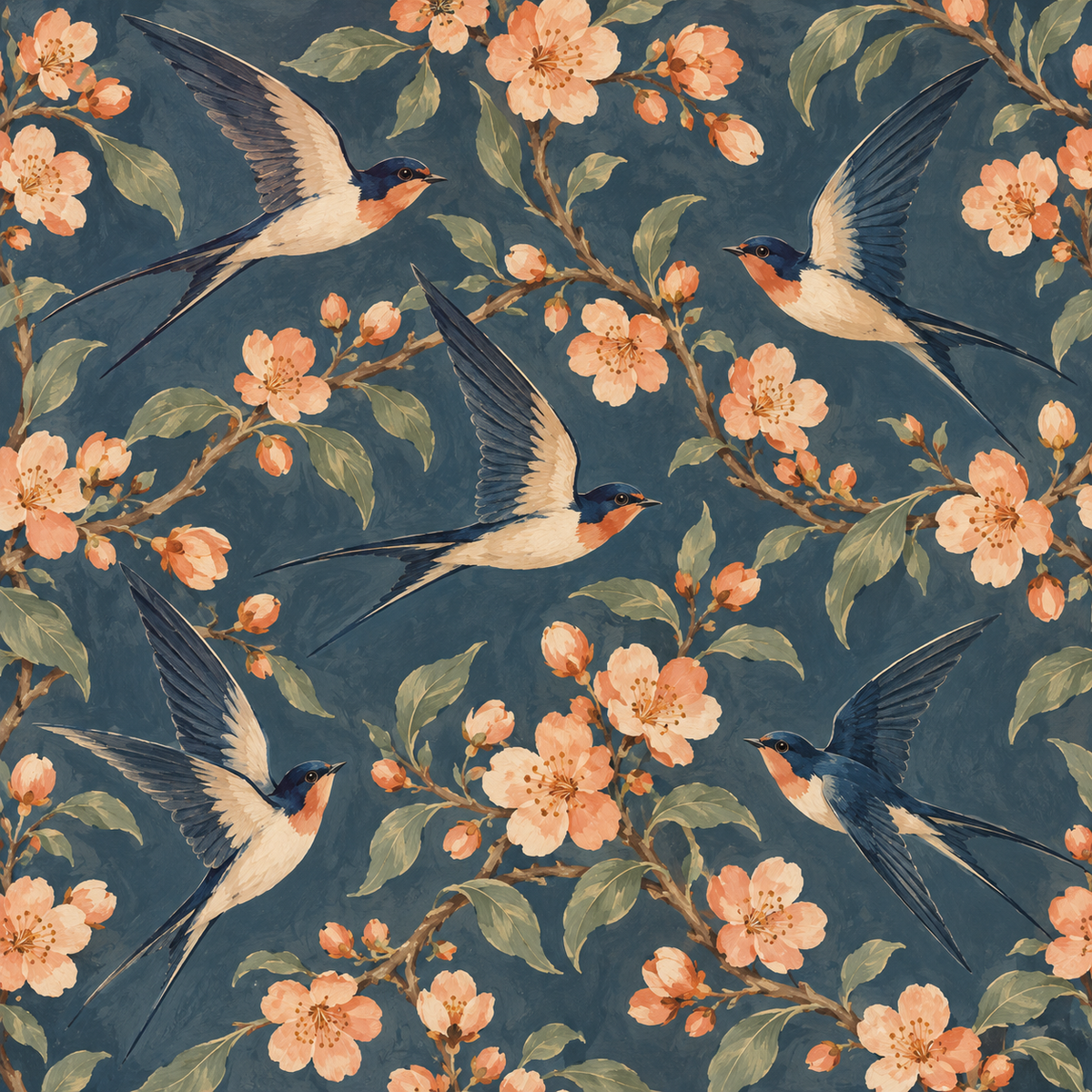 Full view of apricot blossom branch with several birds perched or flying