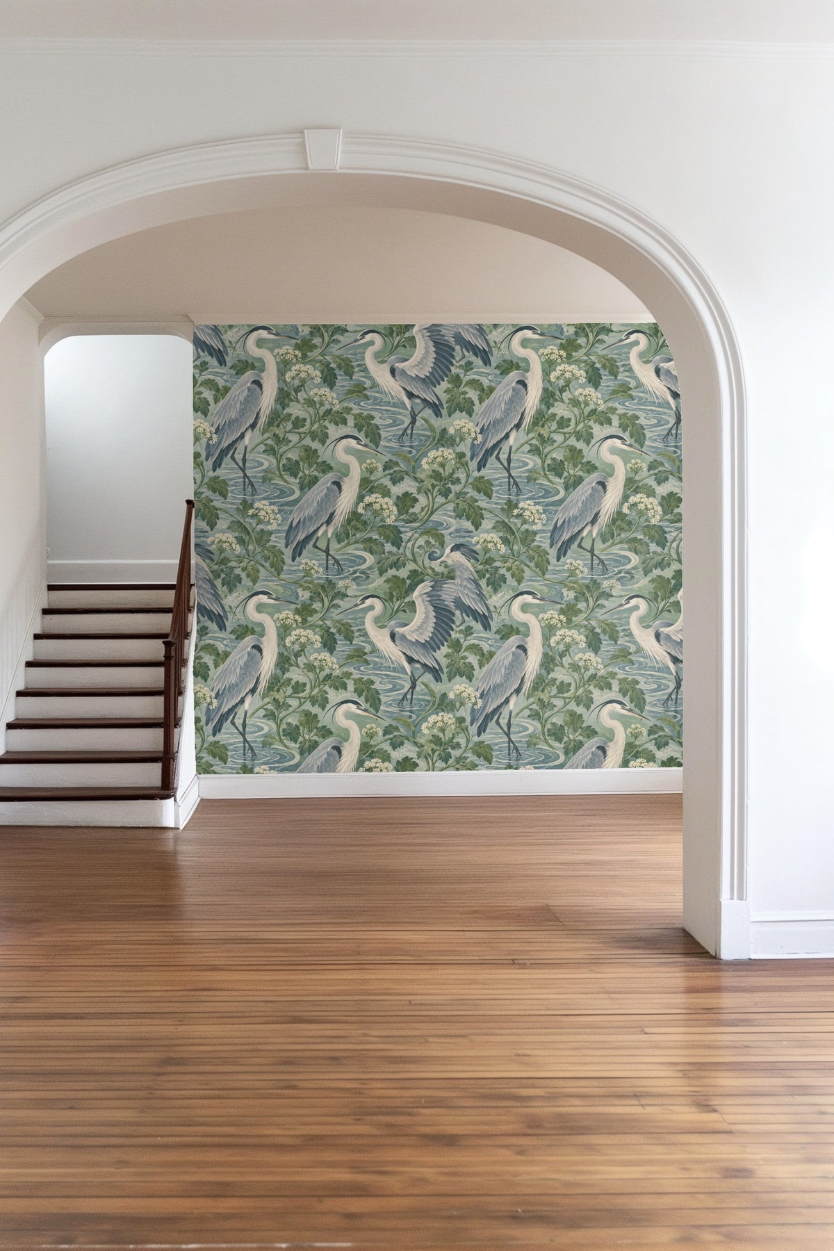 Artful depiction of multiple herons wading through water in wallpaper design.