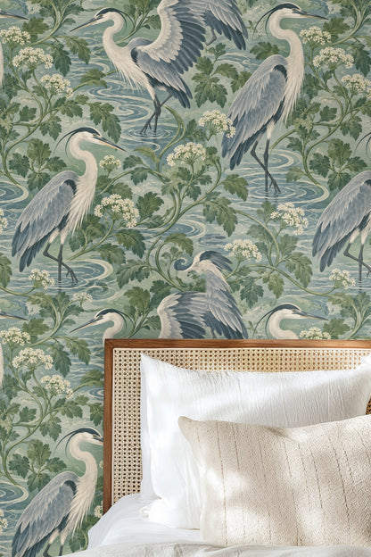 Textured background water effect in Celadon Heron Loops wallpaper.