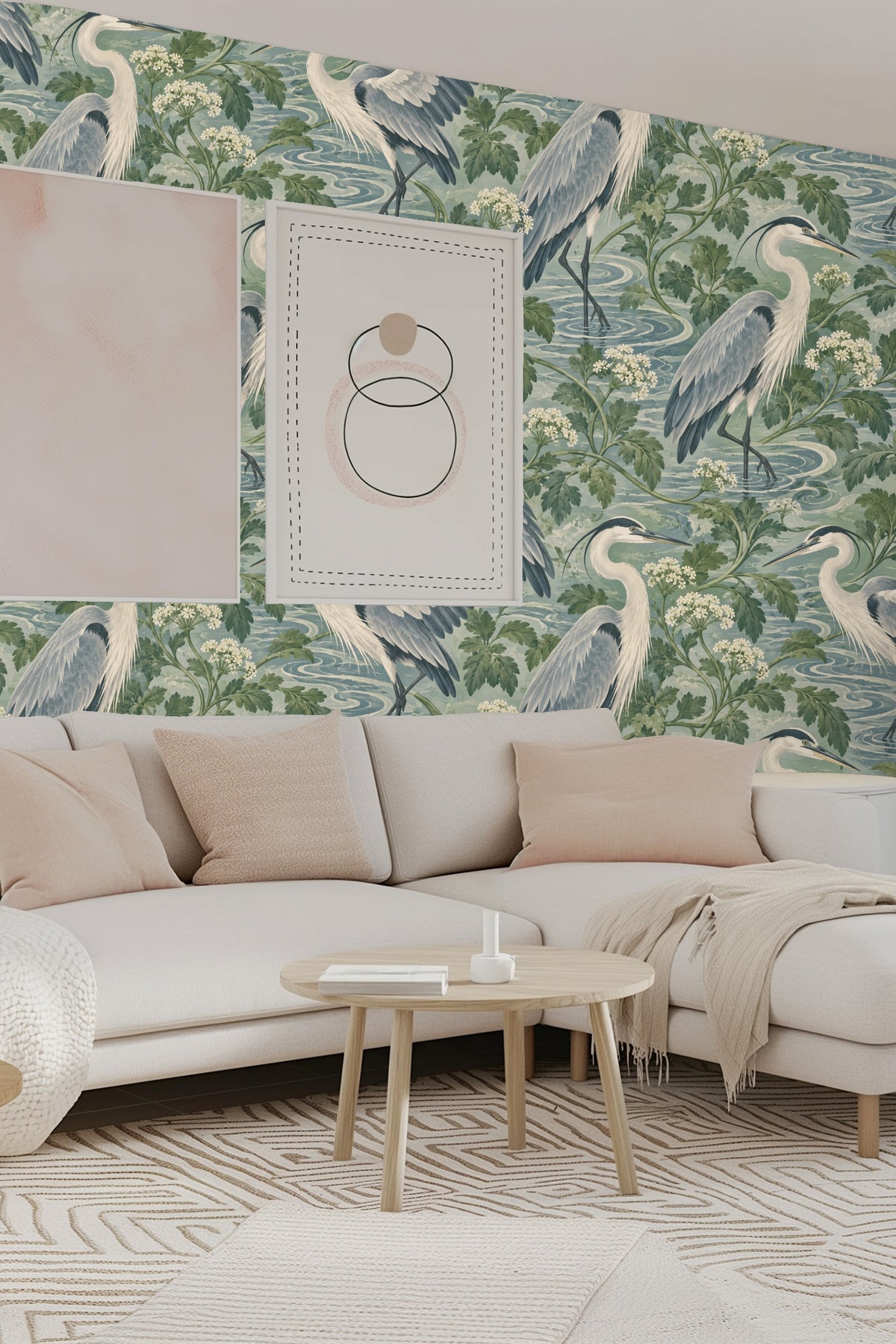Wall showcasing the repeating looped heron motif in calming colors.