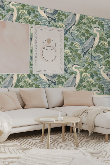 Wall showcasing the repeating looped heron motif in calming colors.