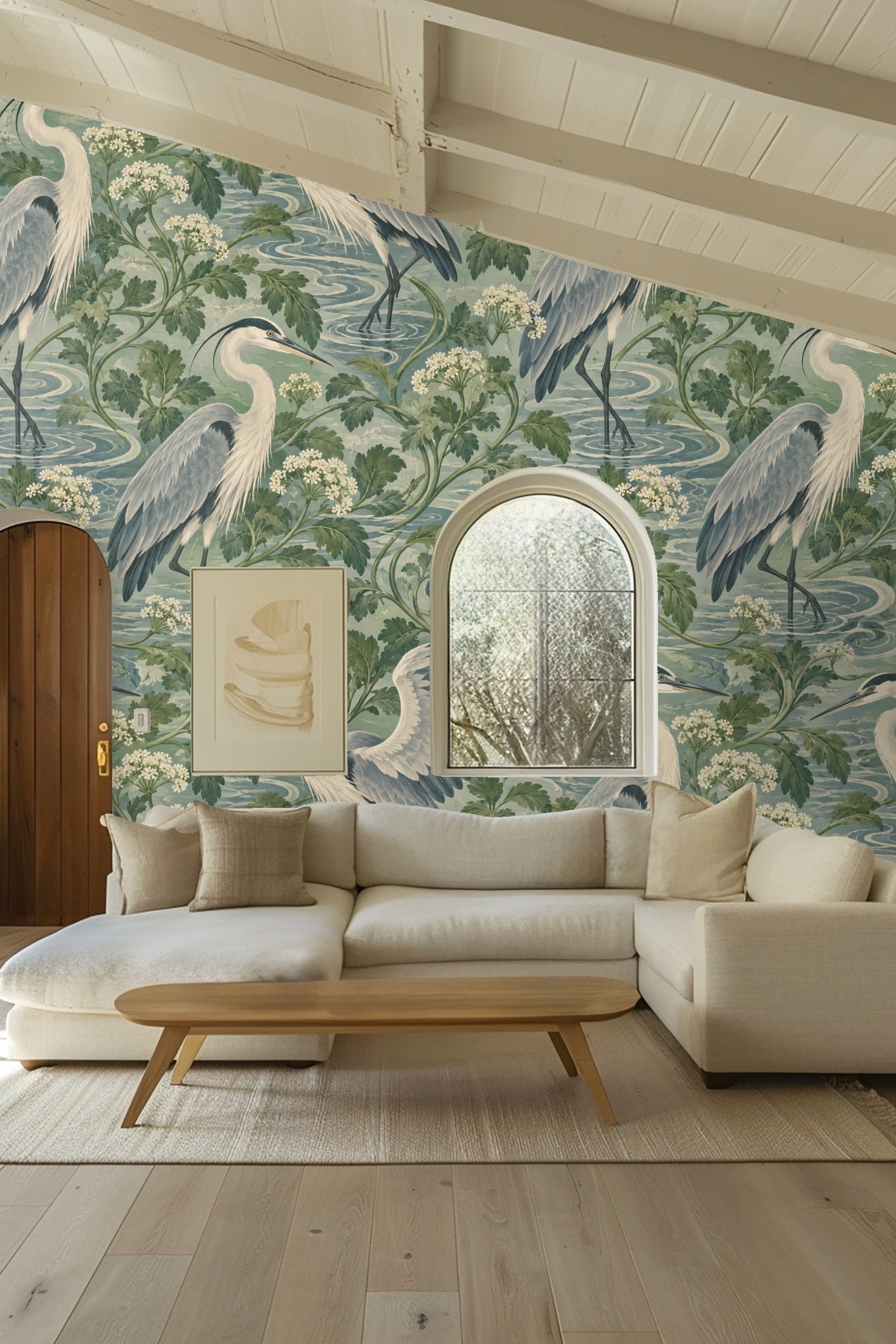 Bedroom with wood headboard and Celadon Heron Loops wallpaper behind the bed.