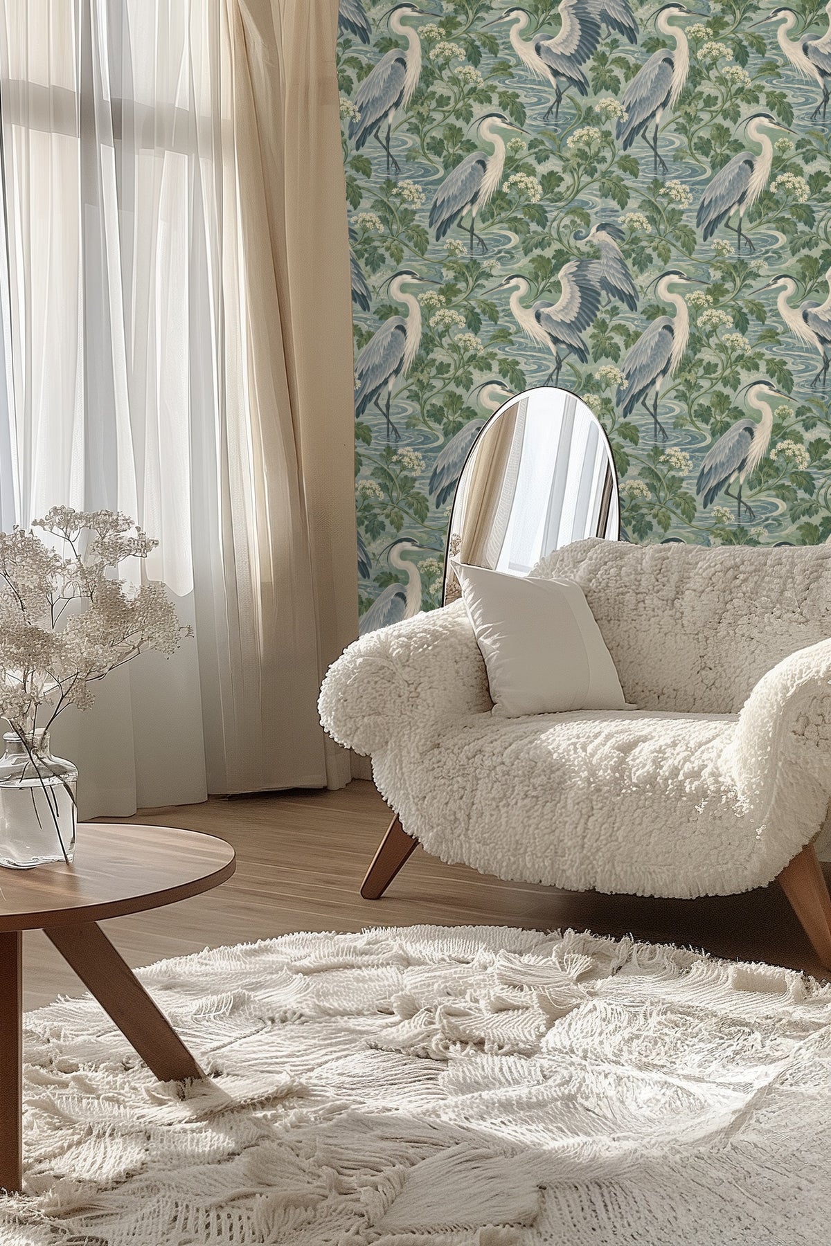 Living area with neutral sofa against patterned wallpaper wall.